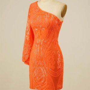 Sequins One-Shoulder Long Sleeve Orange Beading Homecoming Short Dress